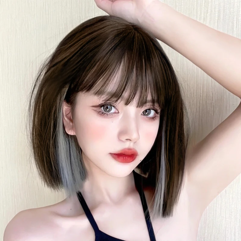【挑染灰波波头】假发女全头套短发直发自然爆款空气刘海整顶假发