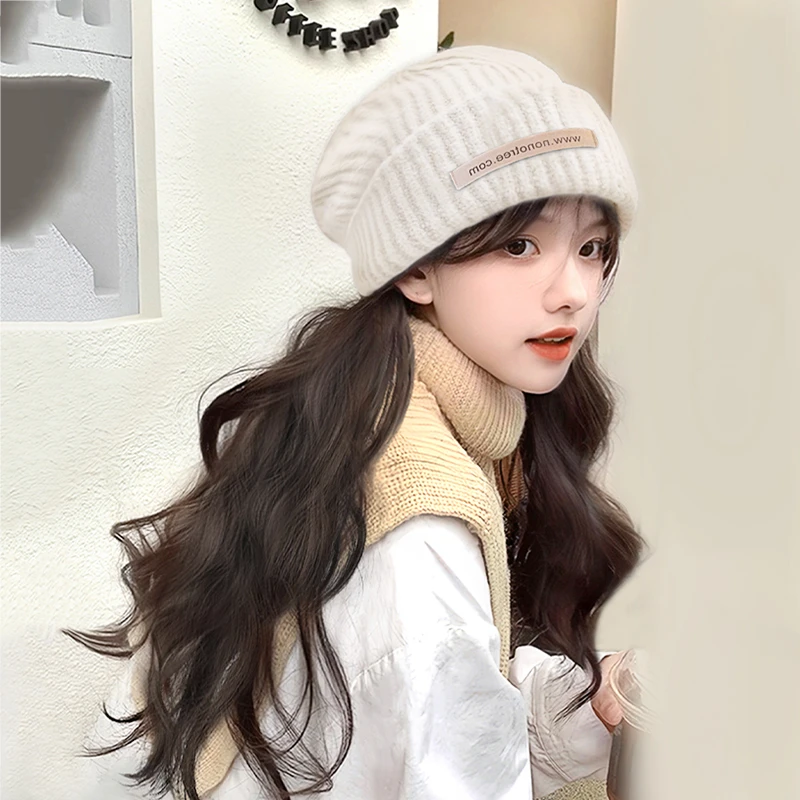 【雪颂浪漫】假发帽子一体式毛线帽针织帽定制翻毛皮标秋冬假发女款