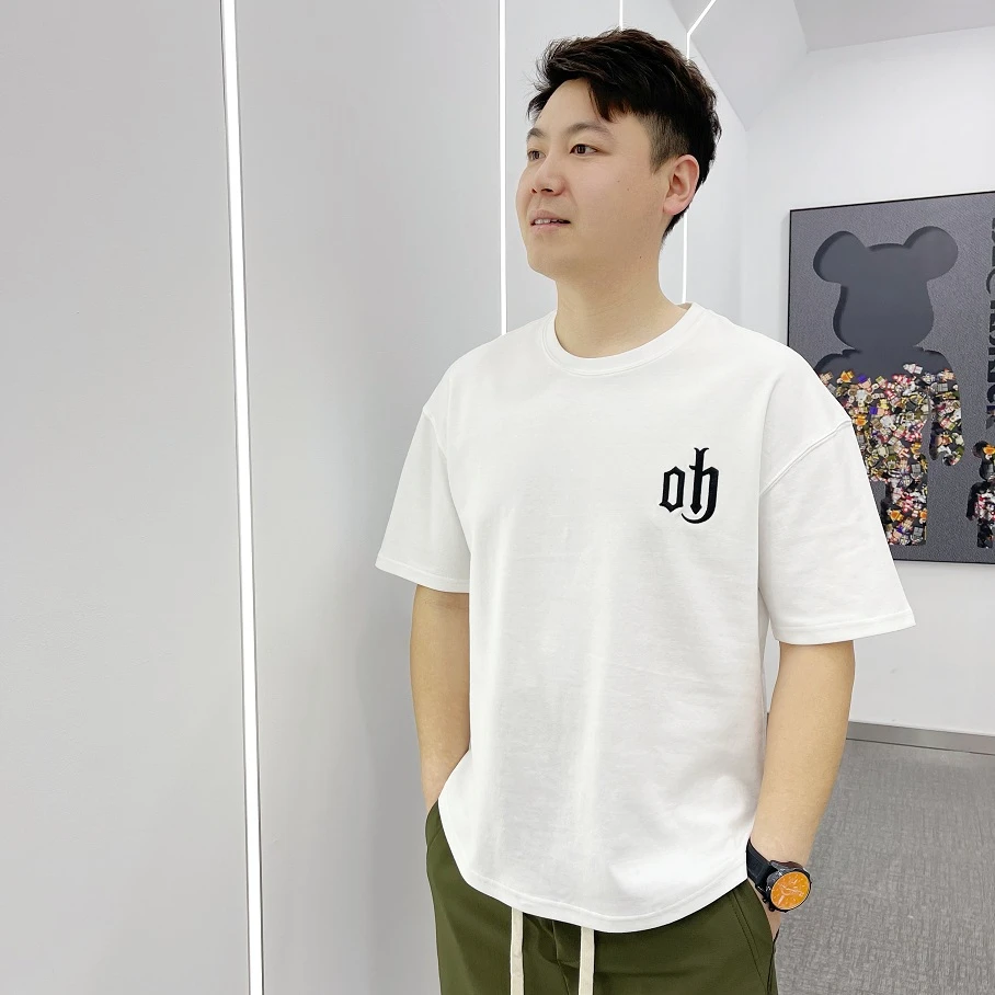 夏季男士新款白色休闲上衣刺绣宽松T恤薄款圆领短袖简约百搭B-122