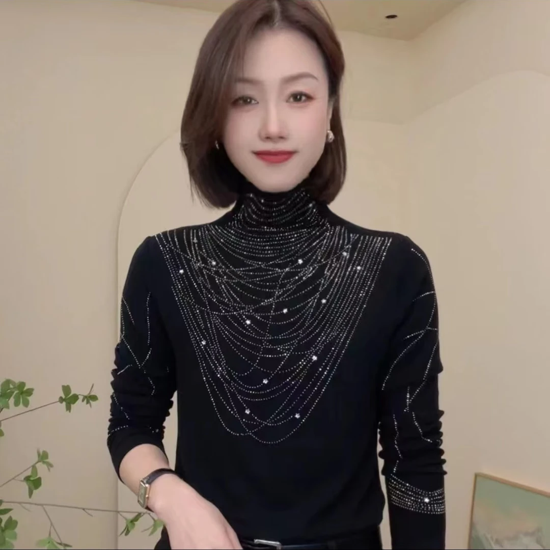 冬季新款保暖德绒半高领纯色烫钻长袖时尚T恤气质女士修身小衫