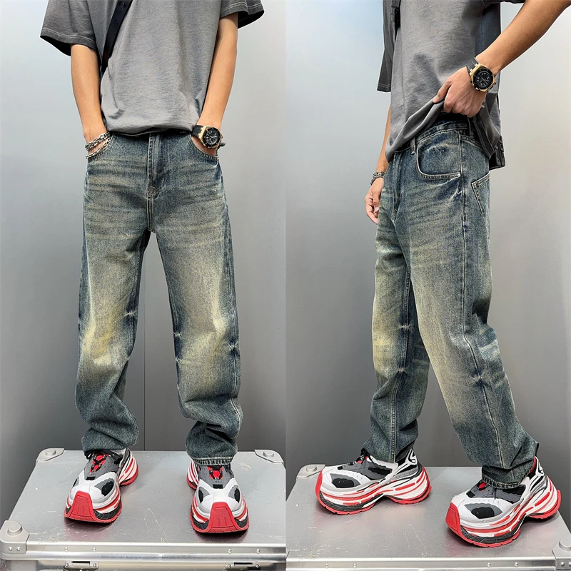 牛仔裤潮流裤子复古高街水洗美式休闲潮牌宽松直筒裤高街水洗直筒