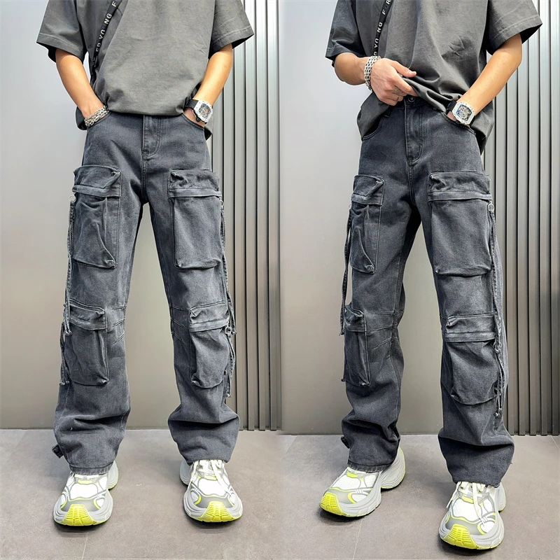加绒阔腿裤工装裤宽松休闲男士牛仔男裤感裤子爆款秋冬裤美式