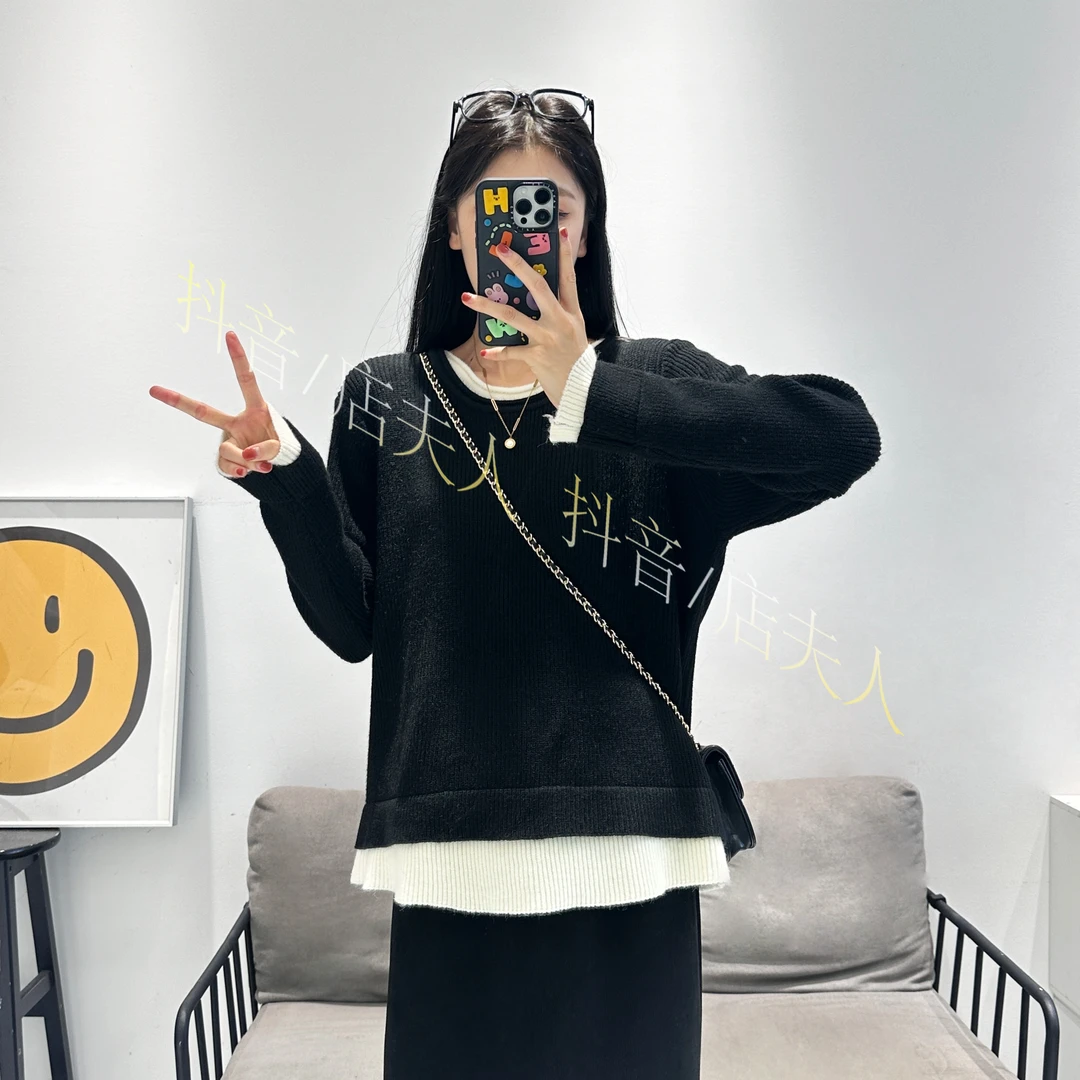 【店夫人定制】2024秋冬新款 圆领长袖假两件  休闲百搭针织上衣女