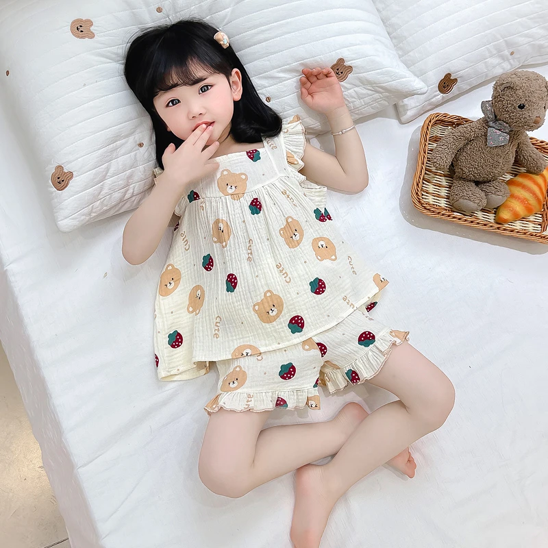 女童睡衣纯棉纱布套装2024新款卡通空调房家居服女宝宝无袖两件套