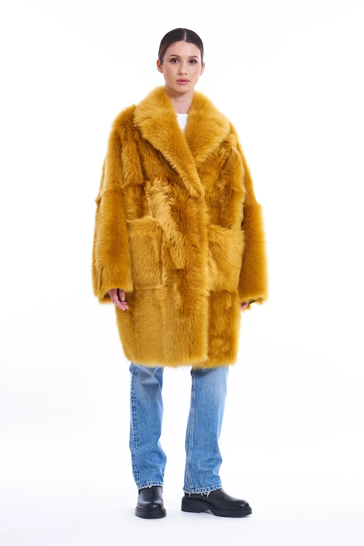 BLANCHA姜黄色大口袋皮草