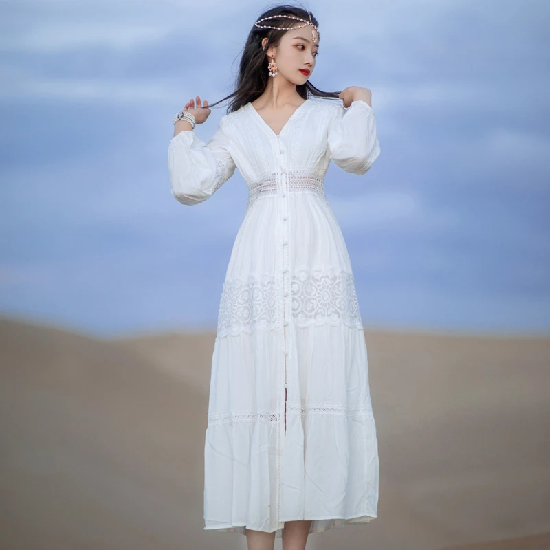 夏季白色长裙V领复古法式仙女裙子收腰显瘦气质连衣裙度假沙滩裙