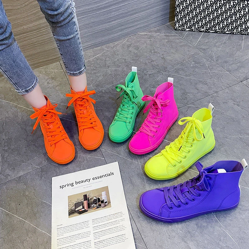 2024新款夏季鸳鸯鞋荧光绿糖果高帮弹力布网红休闲潮软面帆布鞋女