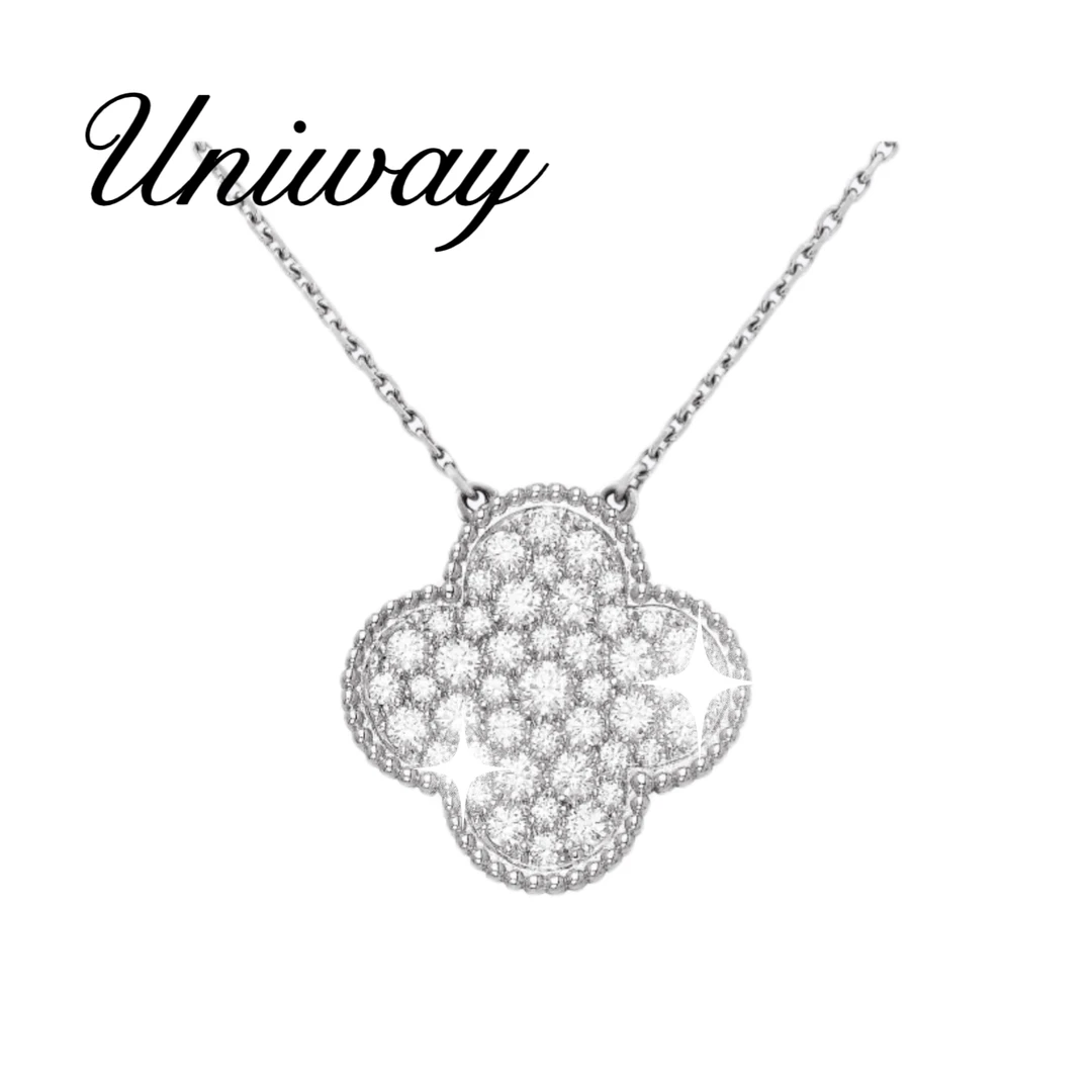 坠链均925银合成锆石 【Uniway珠宝】 满钻大花四叶项链 奢华重工