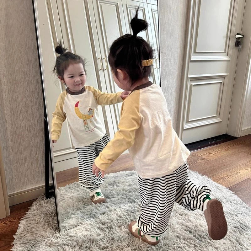 韩国童装女童长袖T恤2025秋装新款儿童卡通印花插肩袖春秋打底衫