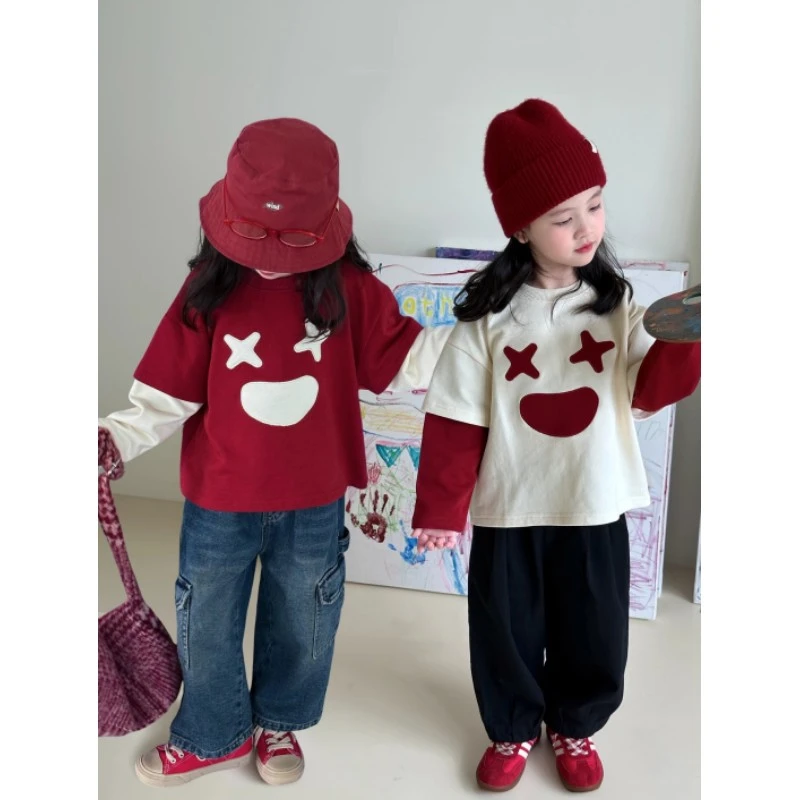 女童假两件卫衣2025秋季新款儿童时尚笑脸T恤宝宝宽松上衣