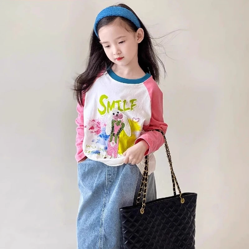 女童长袖T恤打底衫秋季2025新款儿童插肩袖高弹棉棉洋气上衣