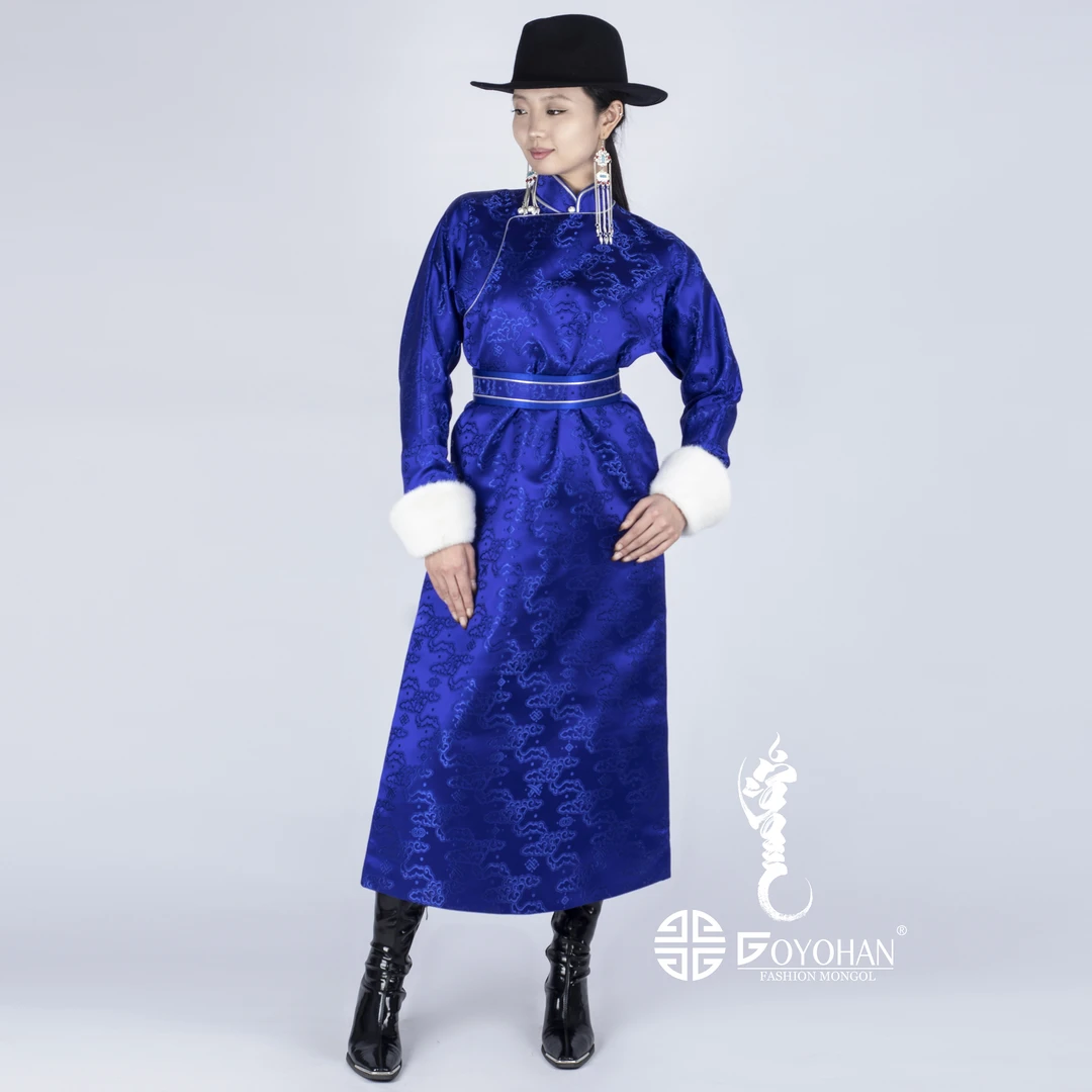 【高艺汗】仿貂毛马蹄袖长款民族风织锦缎袍 0953