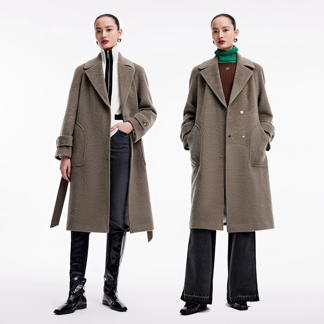 【阿尔巴卡】恩派雅23秋冬新款系带收腰毛呢大衣外套XWIIW8322A