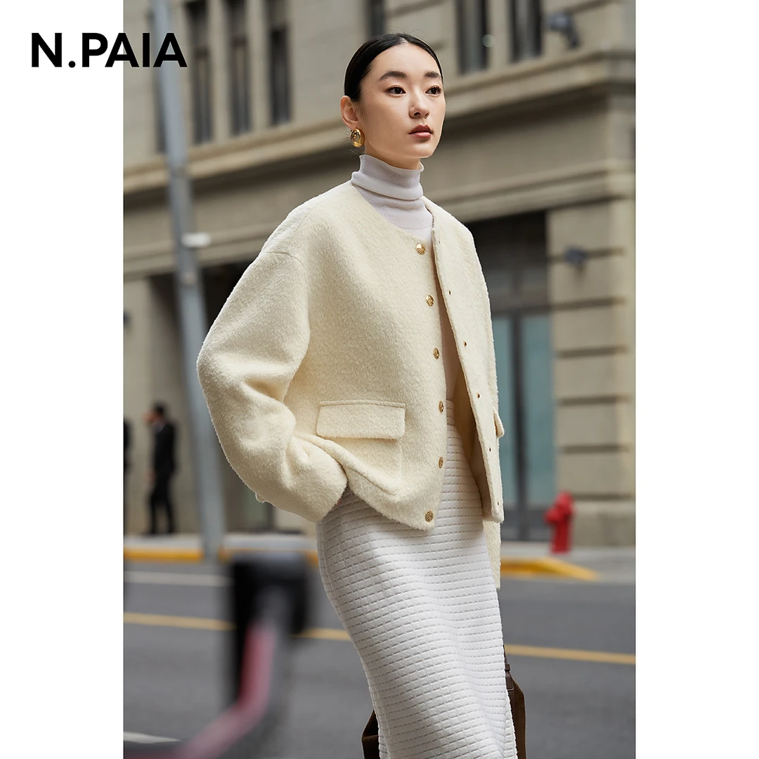 N.Paia恩派雅2023秋冬针梭相拼绵羊毛小香风毛呢外套XWIIW1210A