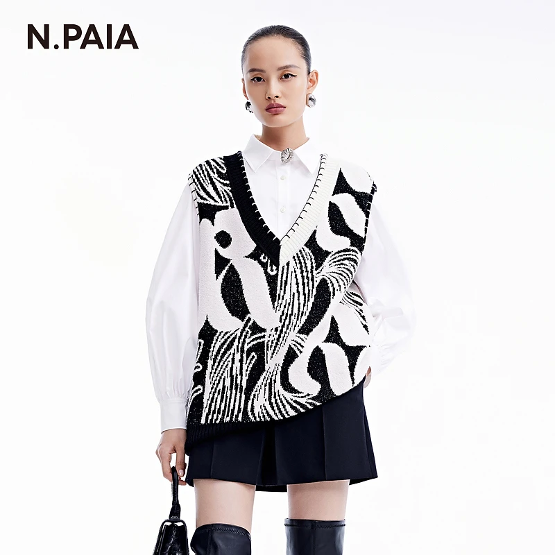 N.Paia恩派雅贡缎棉可拆卸胸针灯笼袖长袖衬衫上衣XNIAC2104A