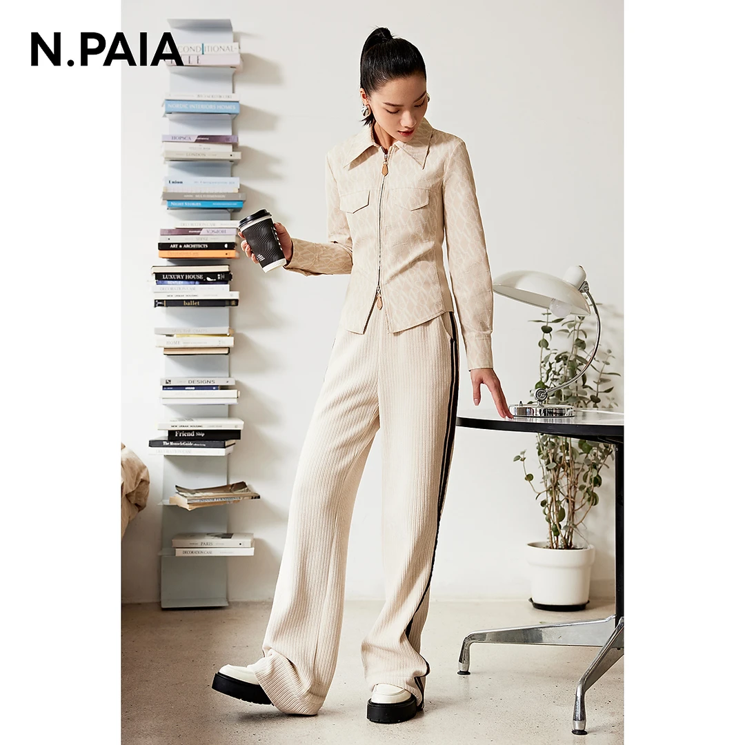 【晨粉专享价】恩派雅logo双头拉链收腰翻领衬衫短外套XNIAA2112A