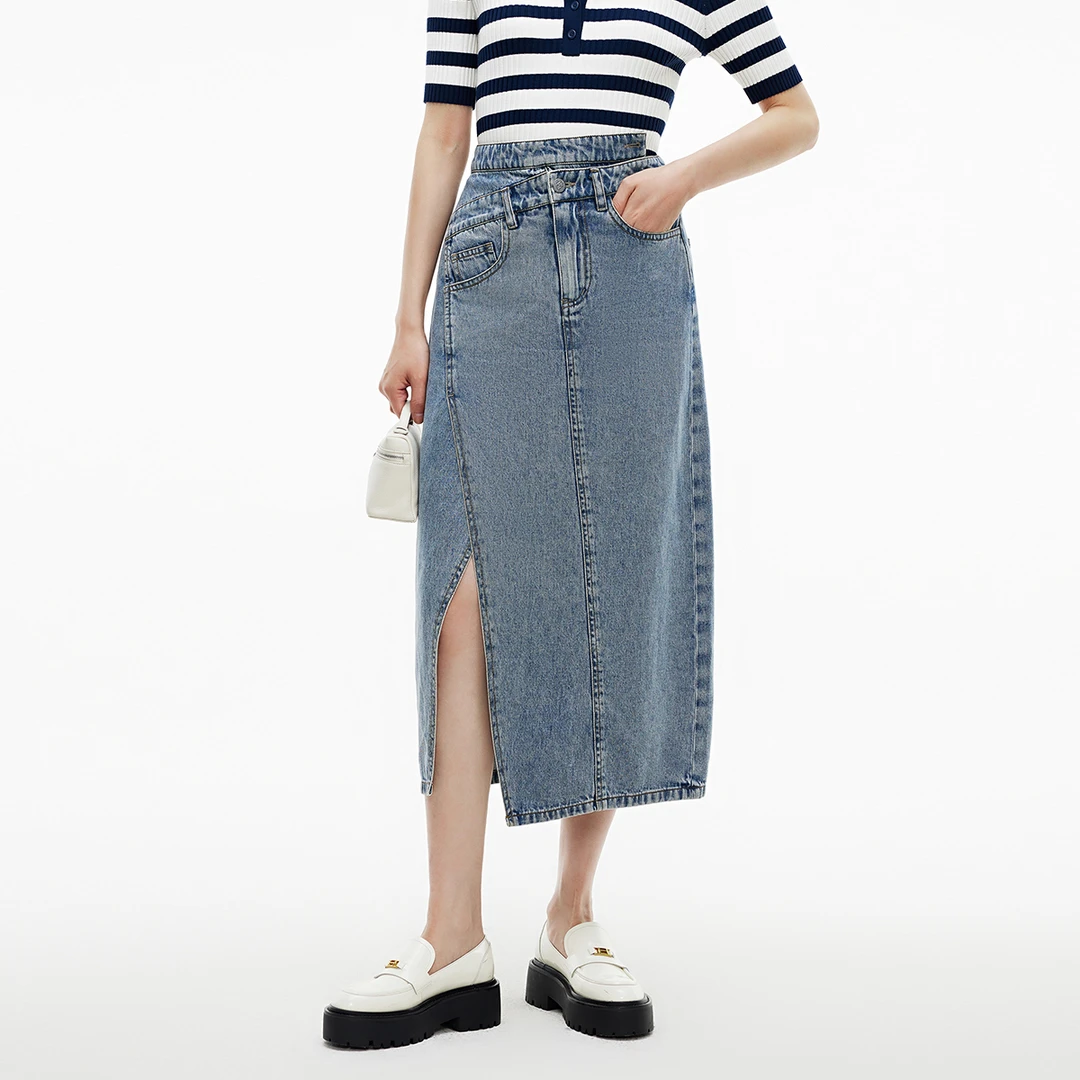 【可可专属】恩派雅新款针梭拼接撞色毛边开叉牛仔裙XNIADJ301A