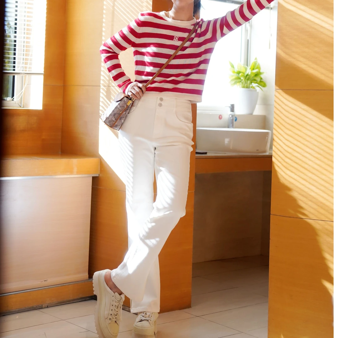 恩派雅2023秋季新款磨毛牛仔棉百搭显瘦白色烟管牛仔裤XNIADJ610A