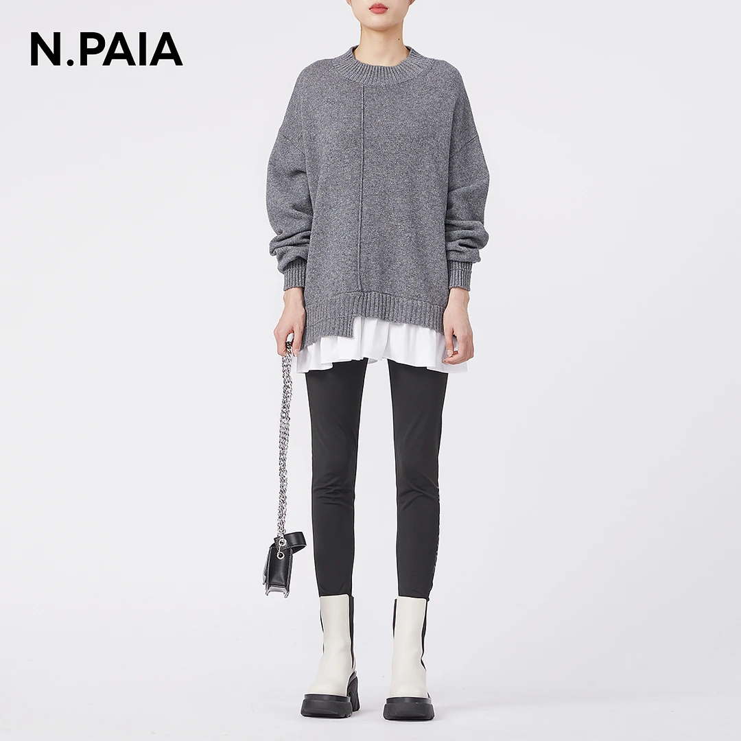 恩派雅2023秋冬牦牛绒木耳花边拼接圆领毛针织衫上衣XNIIR9528A