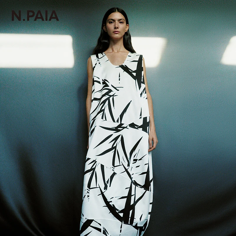 恩派雅桑蚕丝竹叶剪影花苞裙高级连衣裙女XNJPH4514A