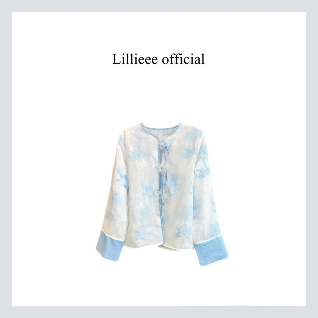 Lillieee-氧气蓝 清新国风真丝刺绣花朵闪片中国风外套