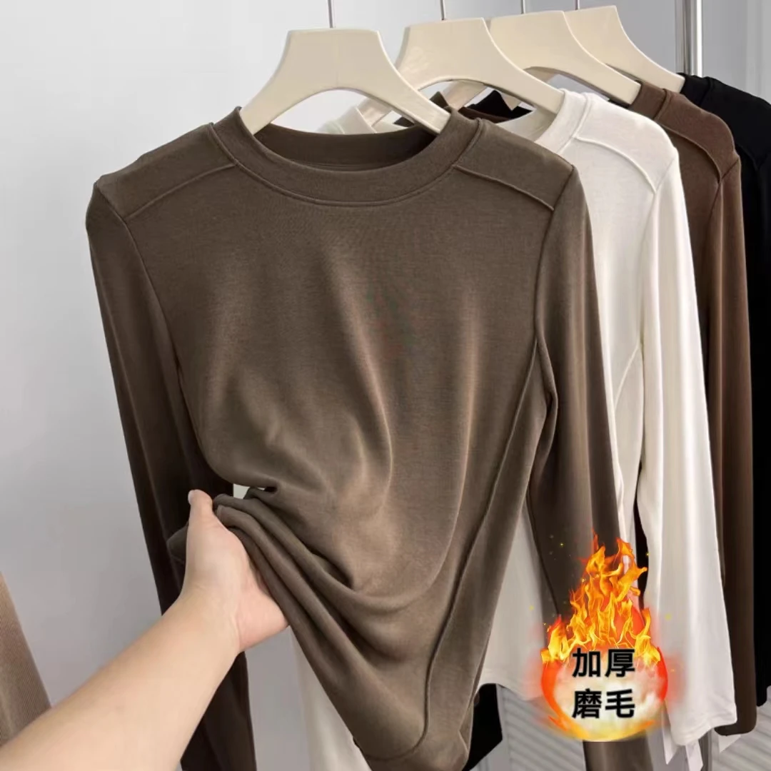 莫代尔秋冬大码薄绒磨毛长袖t恤女新款修身内搭打底衫保暖上衣潮