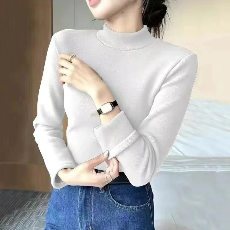 银狐绒莫代尔秋冬加绒加厚保暖打底衫女大码立领修身内搭长袖上衣