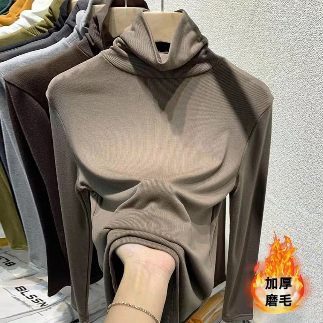 莫代尔薄绒磨毛秋冬大码内搭长袖打底衫女修身新款高领t恤上衣潮