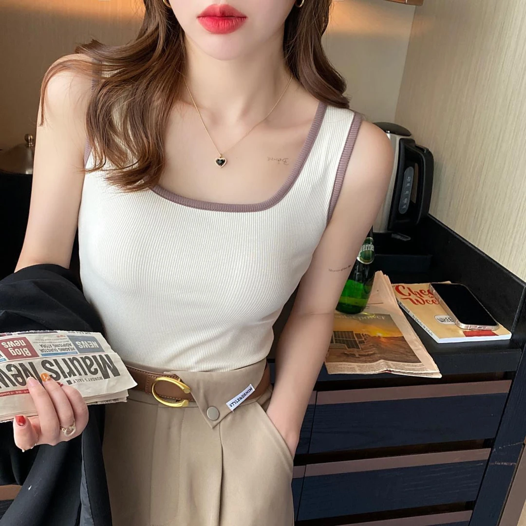 莫代尔棉方领吊带背心女西装内搭宽肩带遮副乳打底衫夏外穿潮上衣