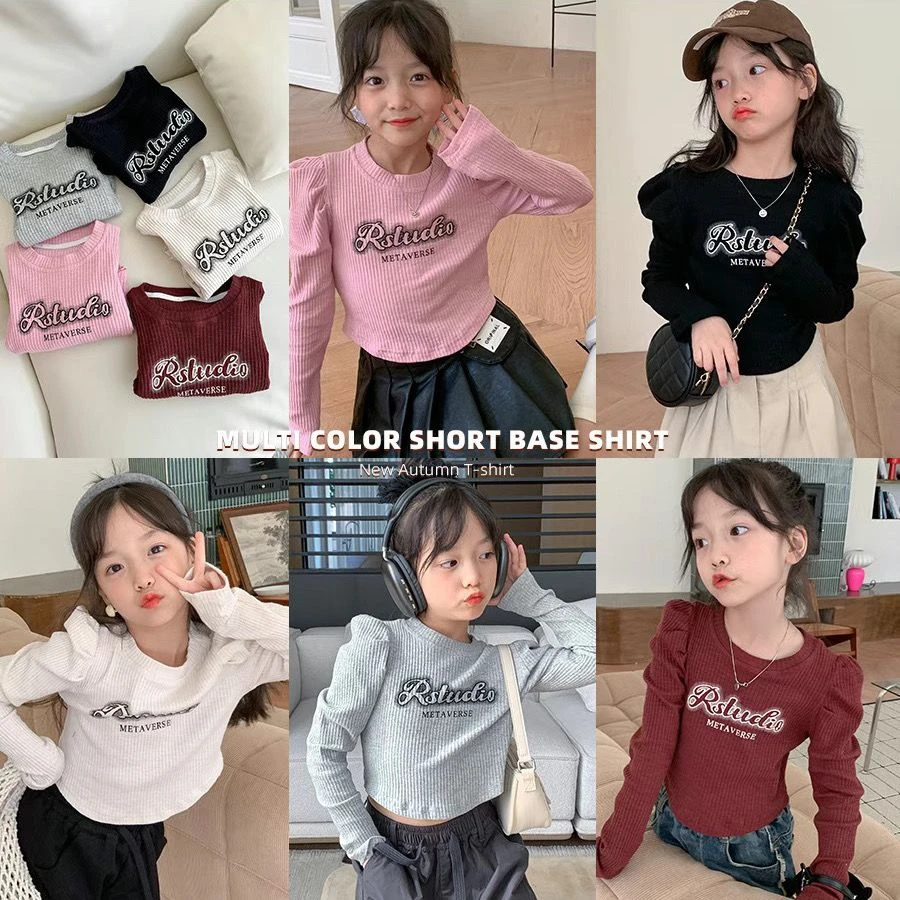 童装年秋装女童韩国泡泡袖坑条儿童长袖字母打底T恤