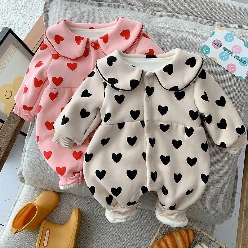 婴儿爱心加绒连体衣冬季外出女宝宝娃娃领韩版爬服新生儿哈衣打底