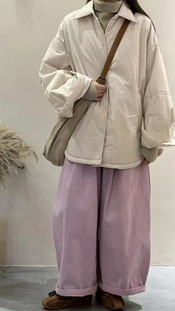 设计感袖口拼接棉衣外套女冬季慵懒风衬衣棉服