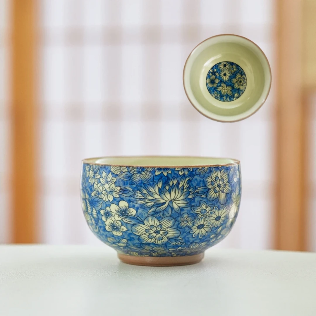 等风茶器专享-汝窑青花仿古主人杯（带铜钱）