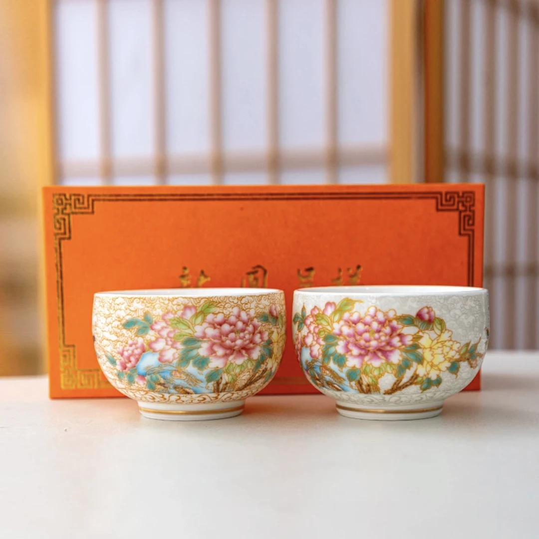 双鸟对杯鸟语花香主人杯岑汝手工掐丝高端对杯120ml（不带礼盒）