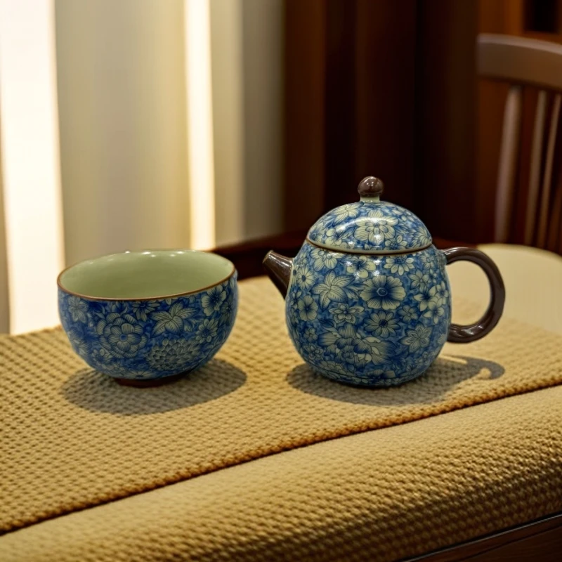 DD-青花龙蛋壶+青花禅定主人杯（带铜钱）仿古汝窑开片