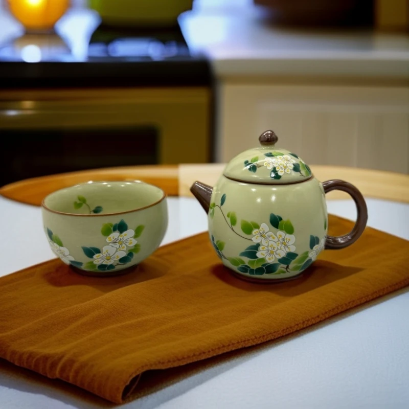 等风茶器专享-山茶花龙蛋壶+山茶花禅定杯（无铜钱）汝窑陶瓷主人杯