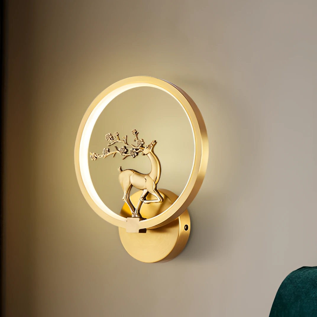 全铜中式壁灯国风轻奢客厅卧室背景墙灯现代禅意国风小鹿主卧遥控