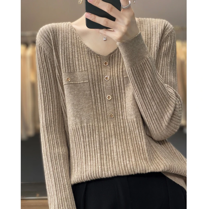 新款v领针织衫女长袖洋气韩版宽松套头长袖气质长袖针织衫