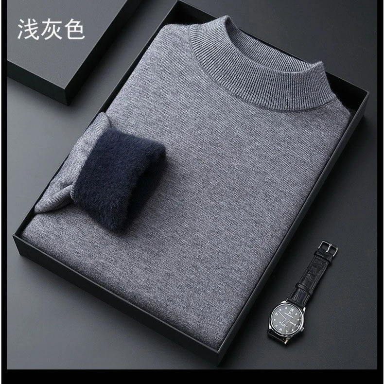 加厚加绒半高领一体绒保暖毛衣冬季中领男士高档宽松纯色秋冬季