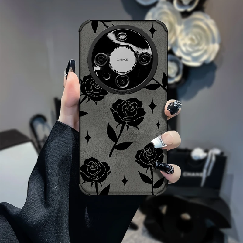 黑色玫瑰花柳叶华为mate60pro防摔复古皮质软壳女保护壳