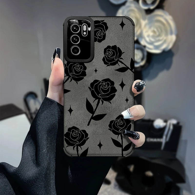 黑色玫瑰花柳叶OPPOReno6PRO防摔复古皮质软壳女保护壳