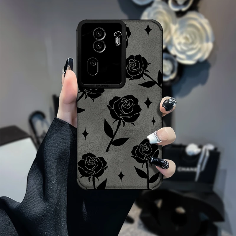 黑色玫瑰花柳叶OPPOReno11pro防摔复古皮质软壳女保护壳