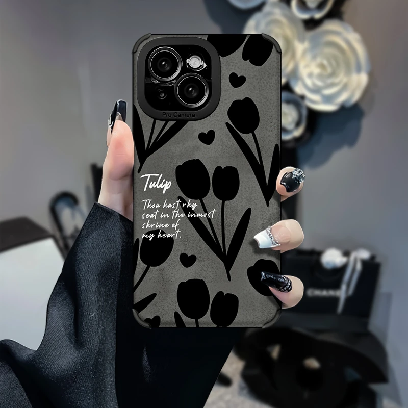 黑色郁金香iPhone/华为/OPPO/VIVO防摔复古皮质软壳女款保护壳