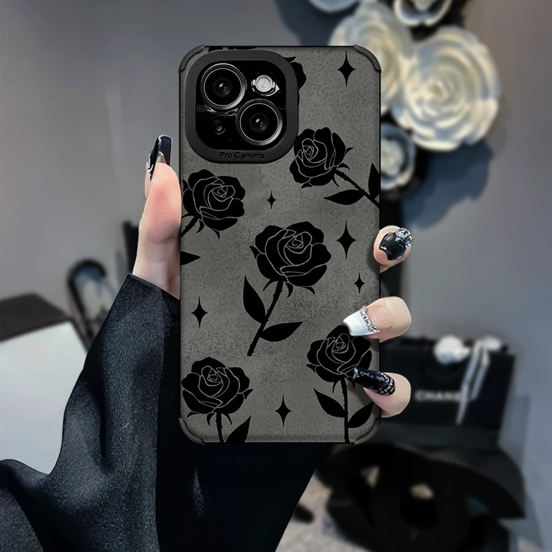 黑色玫瑰花柳叶iPhone15/14/13防摔复古皮质软壳女保护壳