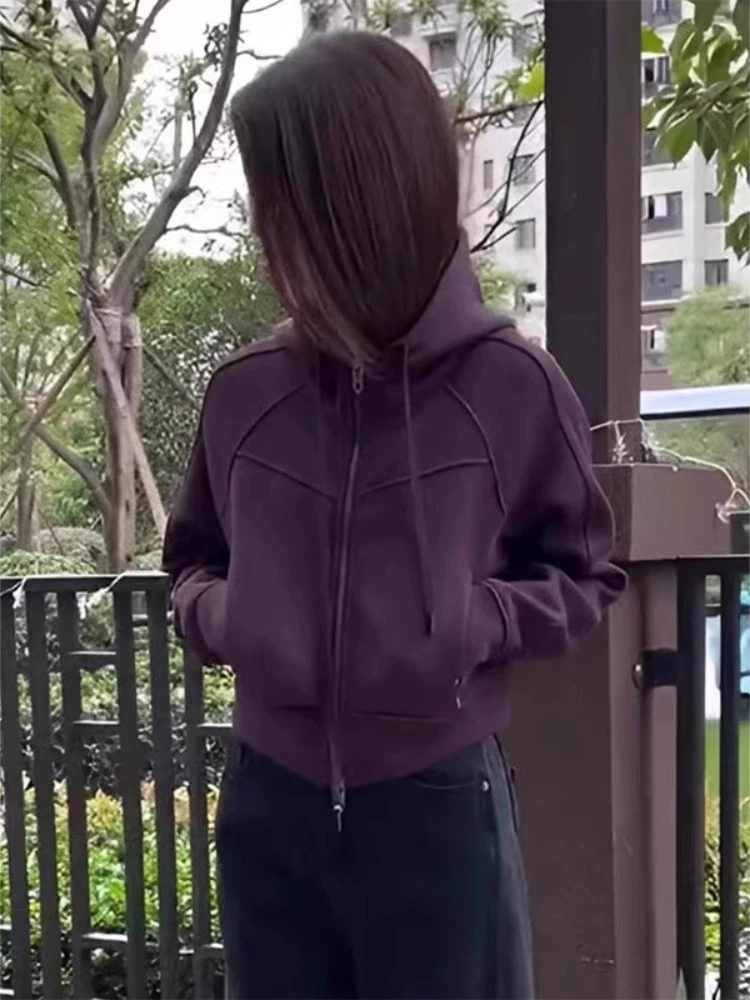 美式短款连帽开衫拉链卫衣外套女秋冬爆款小个子外穿宽松紫色上衣