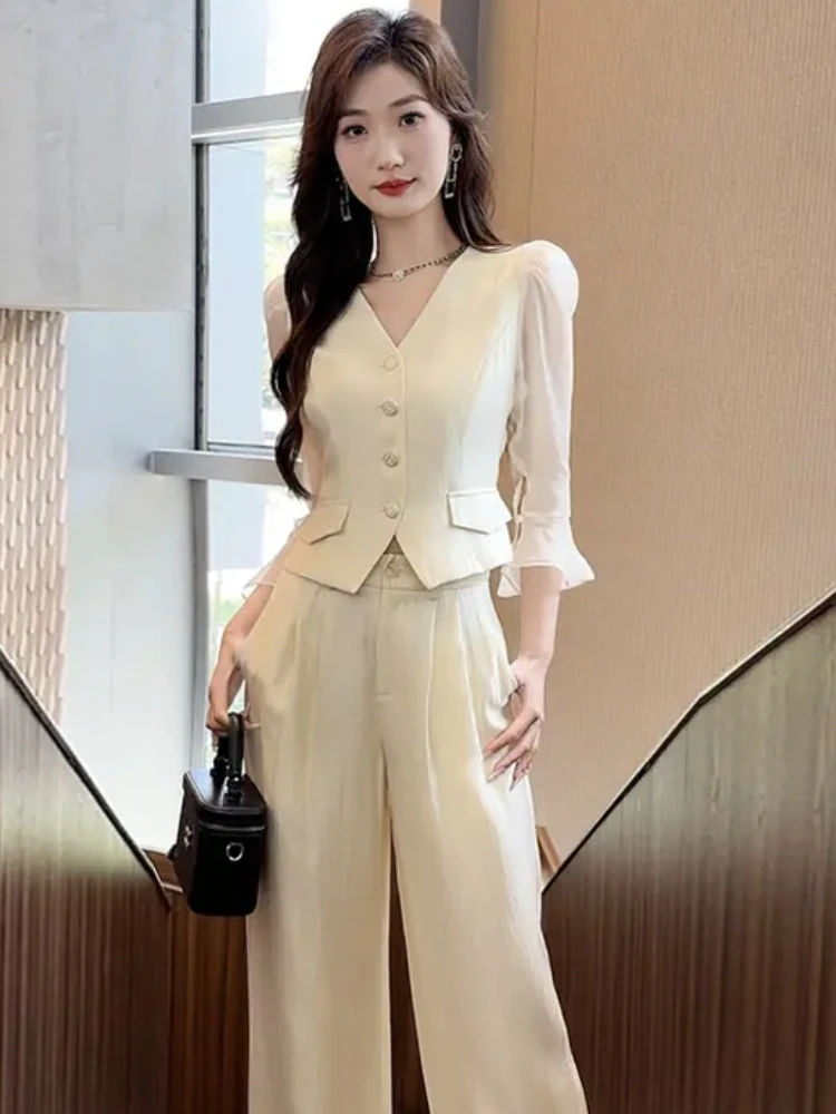 欧货2024春夏时尚女神V领开衫拼纱上衣气质收腰显瘦阔腿裤两件套