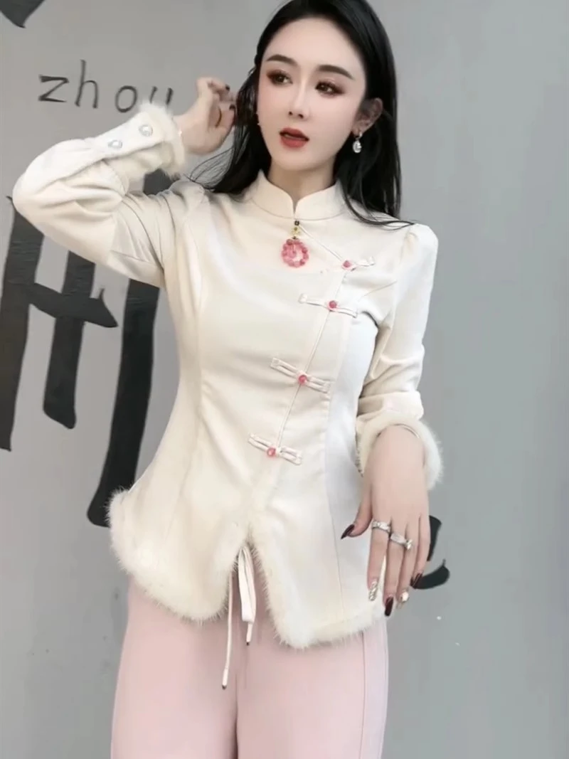 网红爆款上衣2023冬季新款修身显瘦毛毛拼接中国风上衣复古女气质