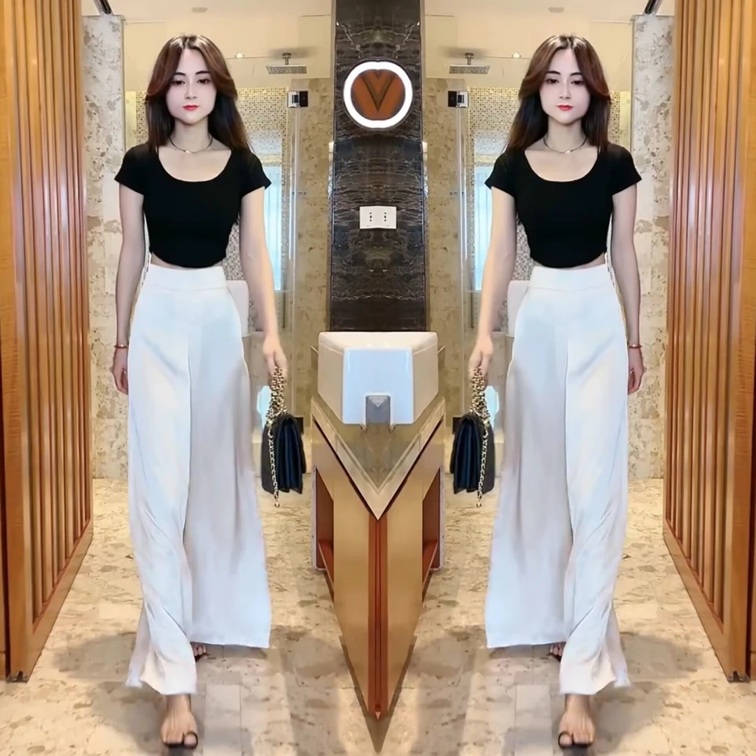 韩版修身时尚百搭夏季套装女2024年新款修身短袖上衣+高腰直筒裤