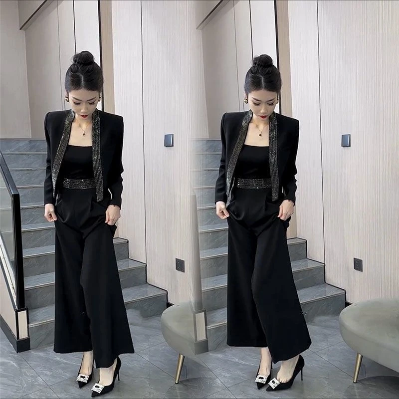 小香风重工开衫外套长裤套装女2024春新款高级感高腰阔腿裤两件套