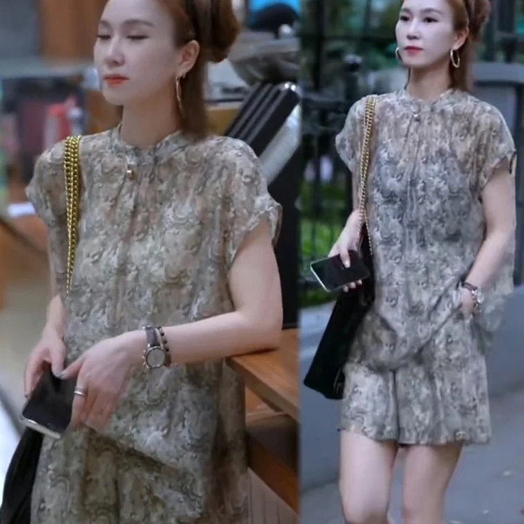 时尚套装女24夏季新款花色洋气短袖宽松显瘦民族风上衣短裤两件套